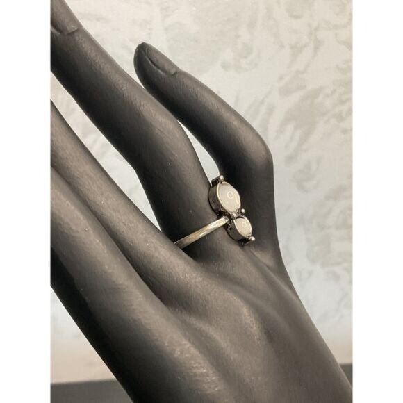 Silver Tone Ring With Faux Double White Opal-Like Stone Setting - Picture 2 of 5